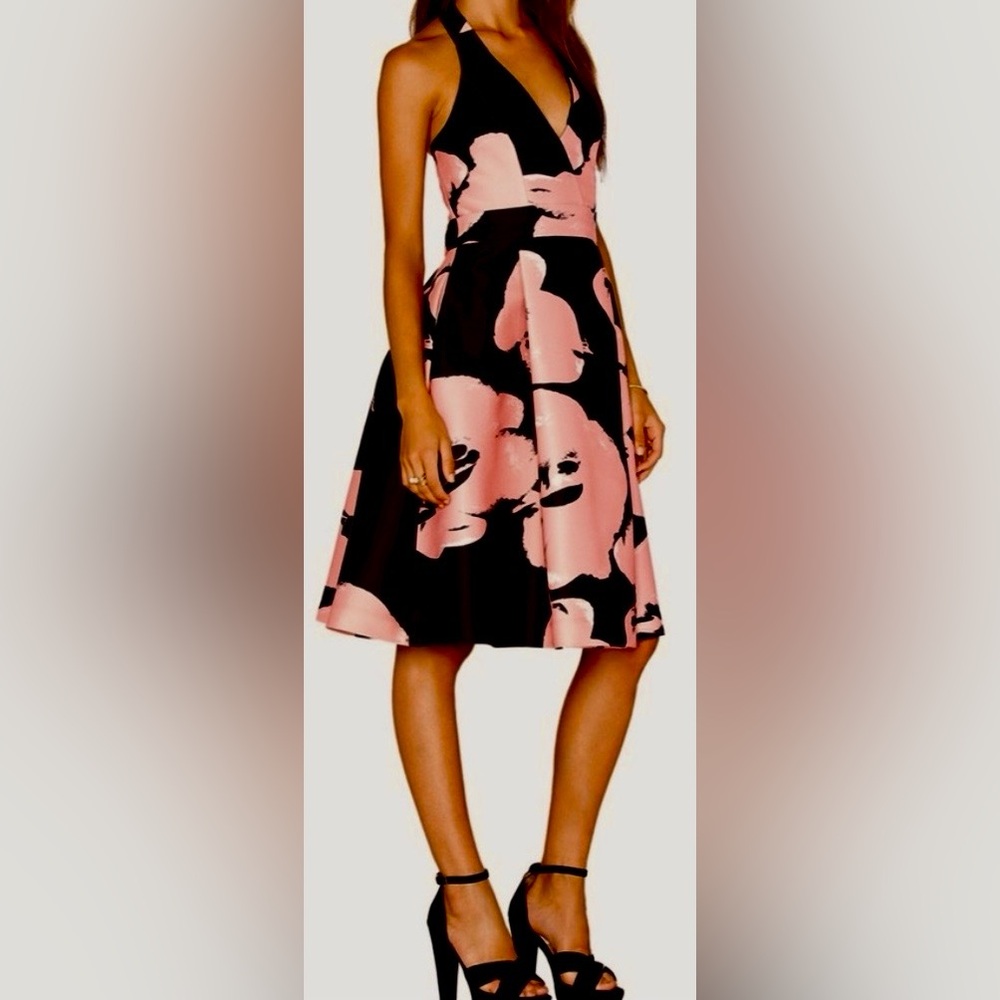 Halston Heritage Halter Dress Black Parfait Abrstract Pink Orchids Size 6 NWT